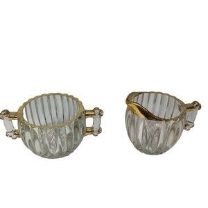 Vintage Jeannette Glass Clear Sugar Creamer Set‎ Gold Trim Ribbed Hobnail Bottom
